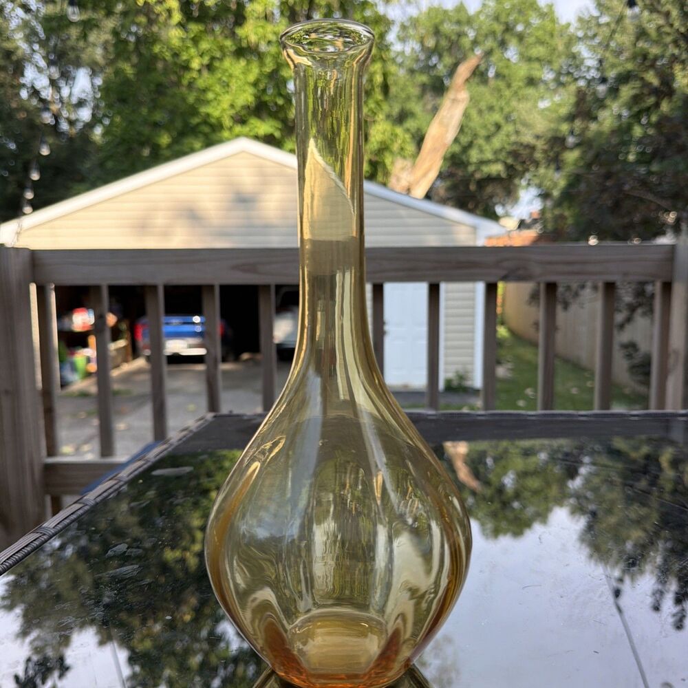 Vintage Empoli Style Amber Glass Vase- Ridged Bottom - Art Glass MCM